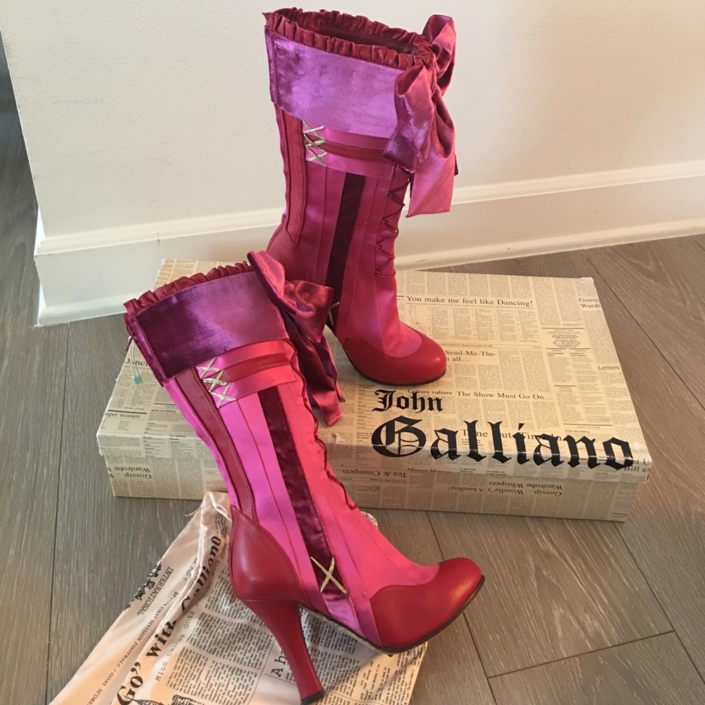 Vintage Galliano boots pink red gold leather silk